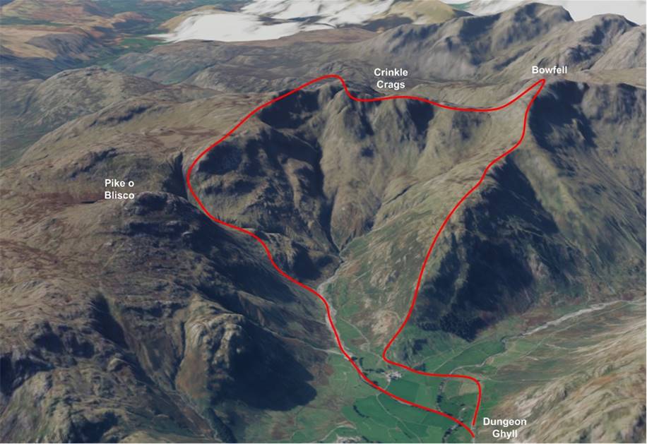 3d view of the walk up to Crinkle Crags