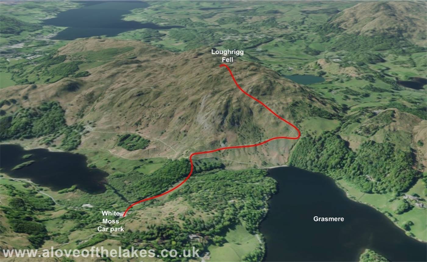 a 3D view of the walk to Loughrigg Fell from White Moss