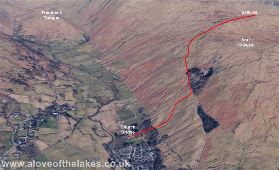3d view of route to walk to Sallows from Church Bridge