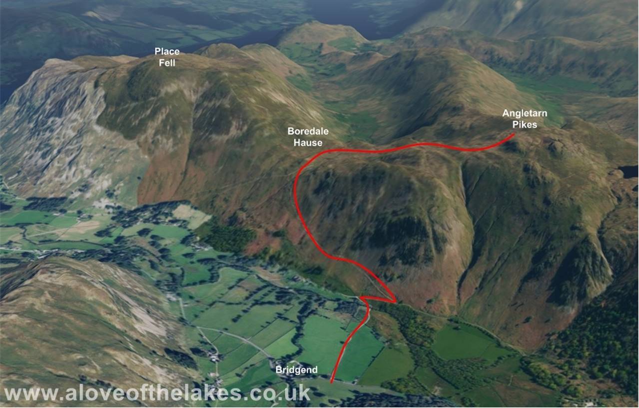 3D view of the route to Angletarn Pikes from Bridgend