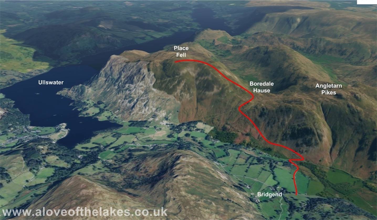 A 3d view of the walk upto Place Fell from Bridgend