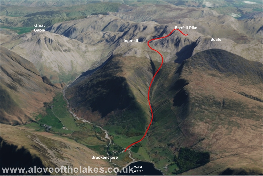 3D view of the route up to Scafell Pike