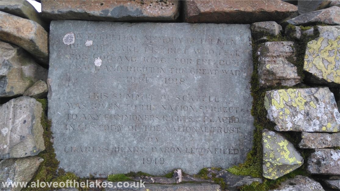 The summit cairn memorial plaque for Lakelands war dead