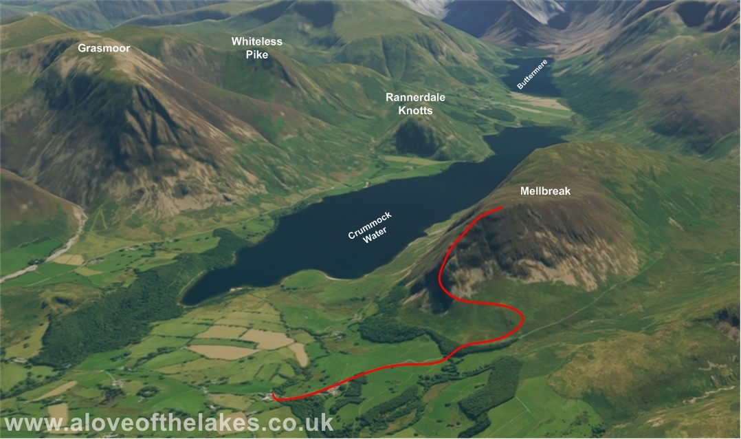 3D view of walk to the summit of Mellbreak from the Kirkstile Inn