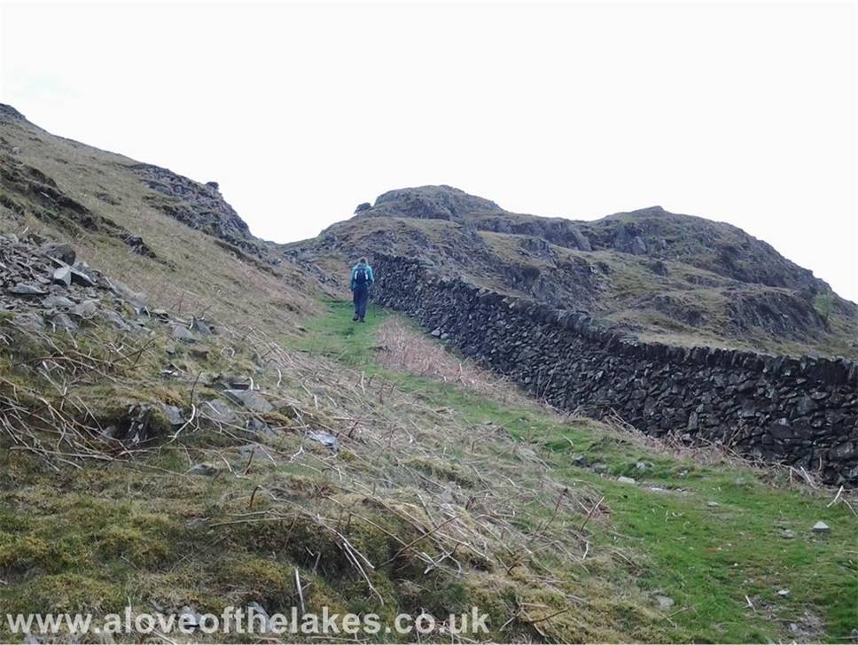 The path gets squeezed a little between the crags and the boundary wall as it starts to swing round to 
the summit approach
