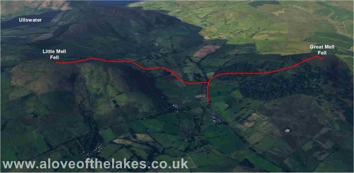 3d overview of the walk up to Great Mell Fell and Little Mell Fell