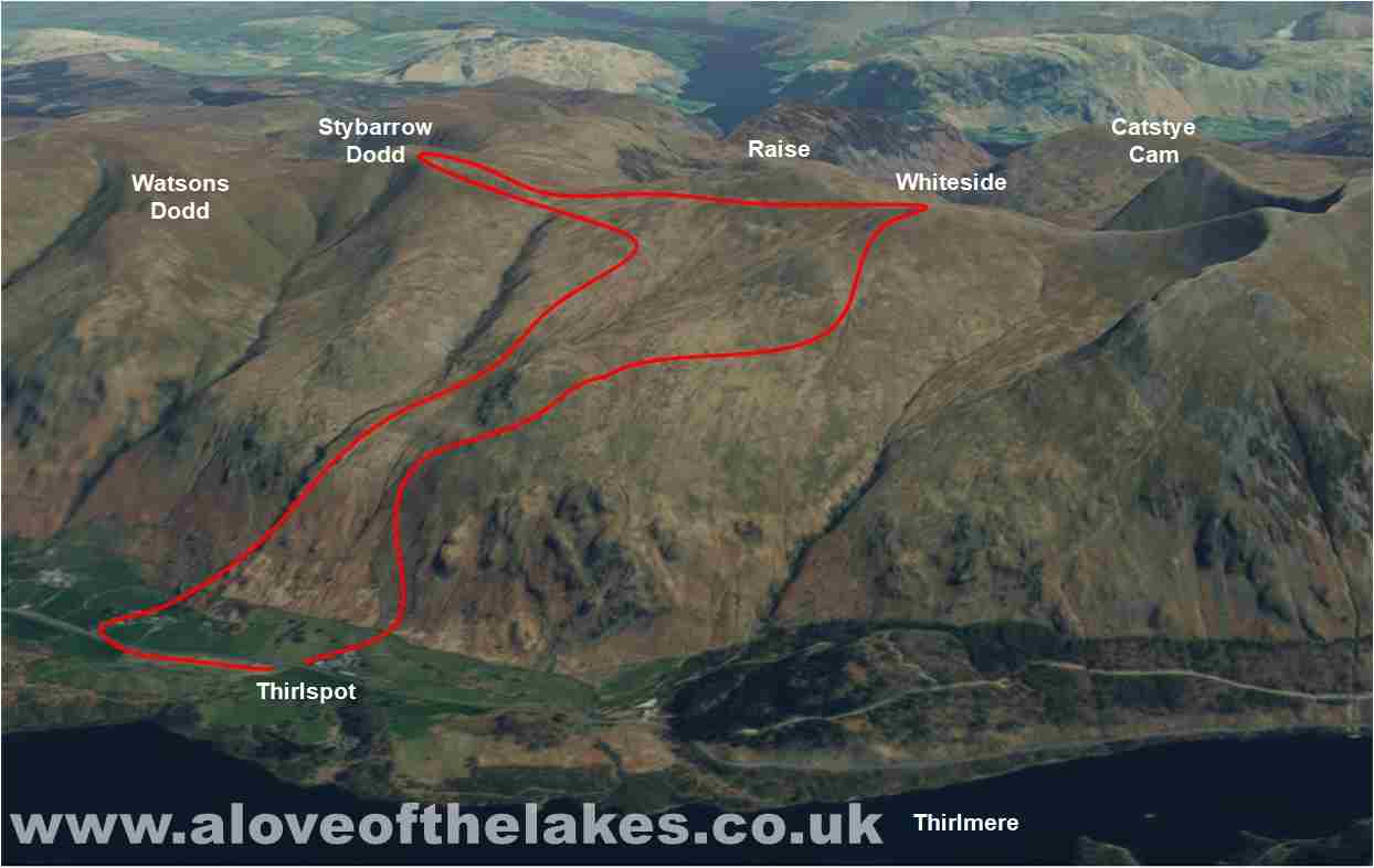 3d view of the route to White Side and Stybarrow Dodd from Thirlspot
