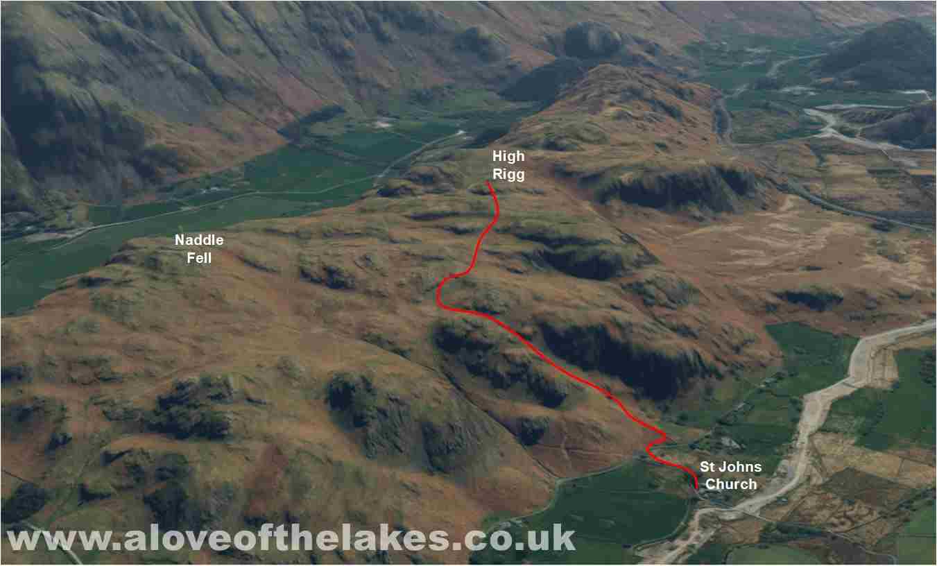 3D view of the route to the summit of High Rigg from the Church of St Johns in the Vale