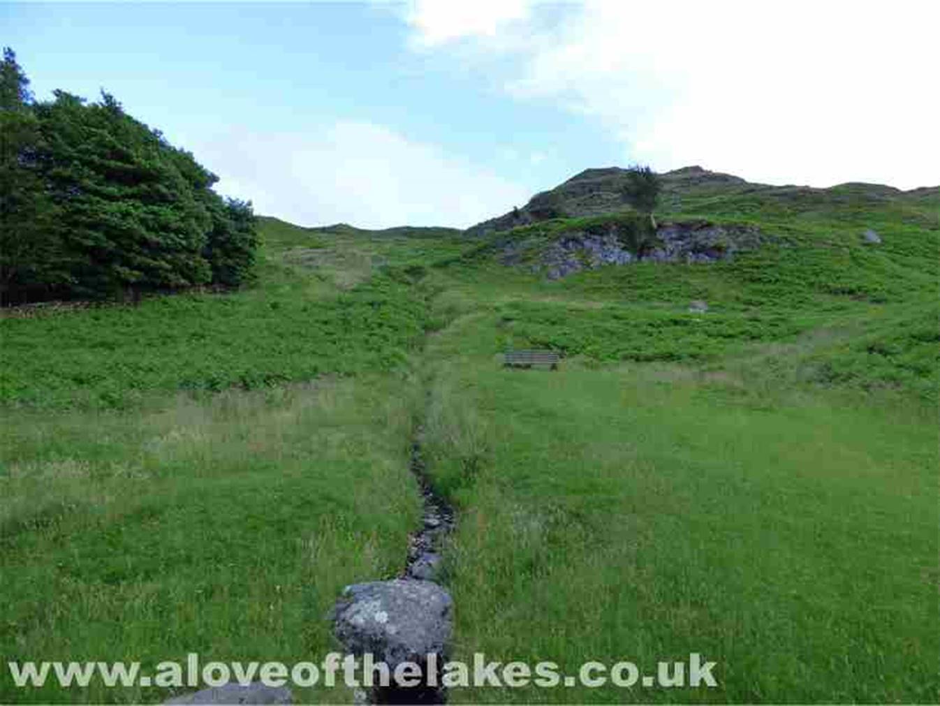 The path climbs gently past a bench and skirts the left hand side of the crags