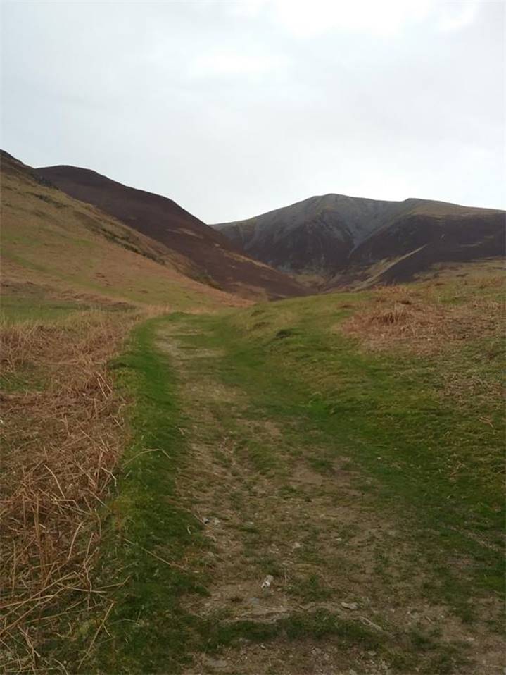 The path very soon reaches a Y junction, avoid the obvious stone track to the right that
Leads to Carl Side Col and Skiddaw and take the left fork across grass towards Doups
