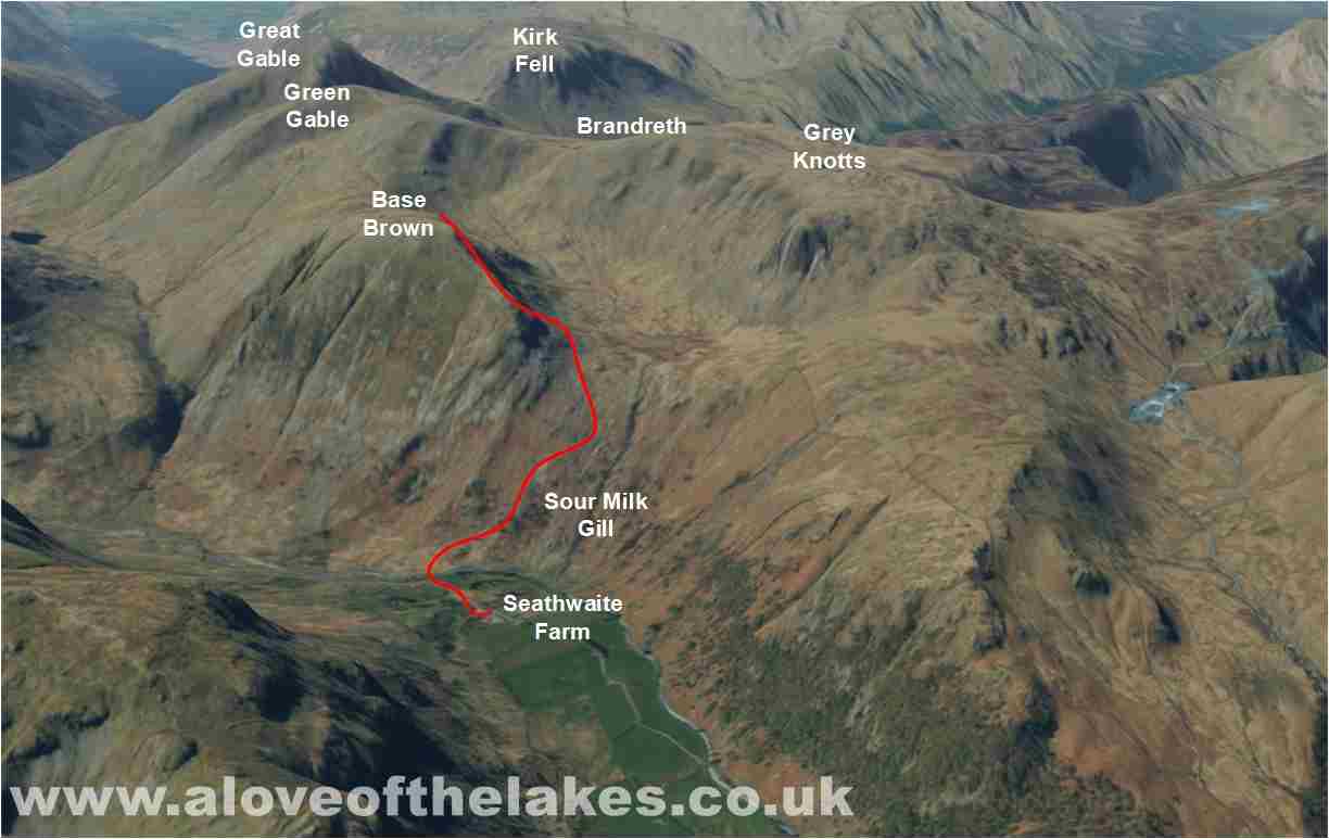 A 3D view of the route to Base Brown from Seathwaite Farm