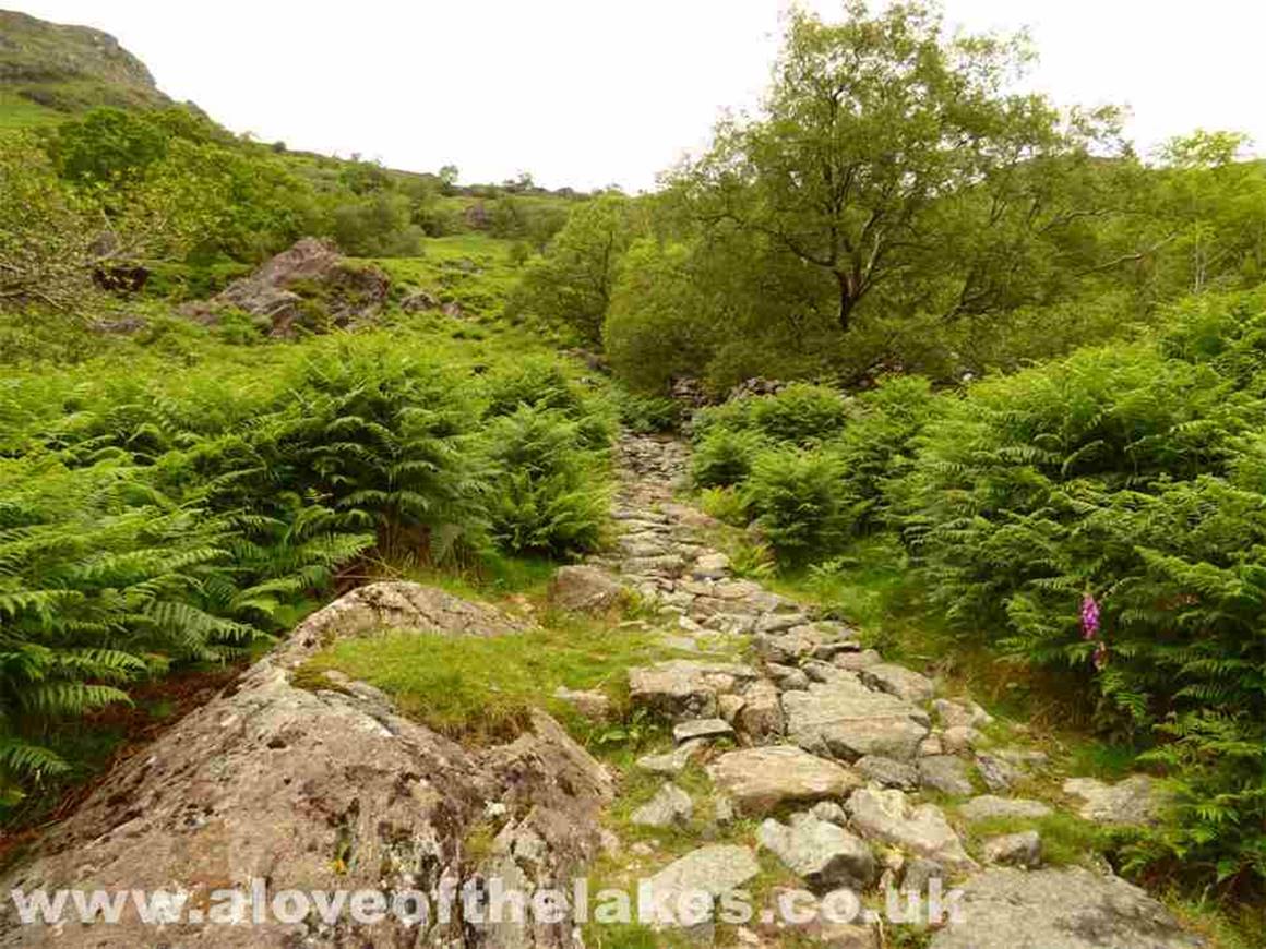 The stone path climbs steeply towards Seathwaite slabs