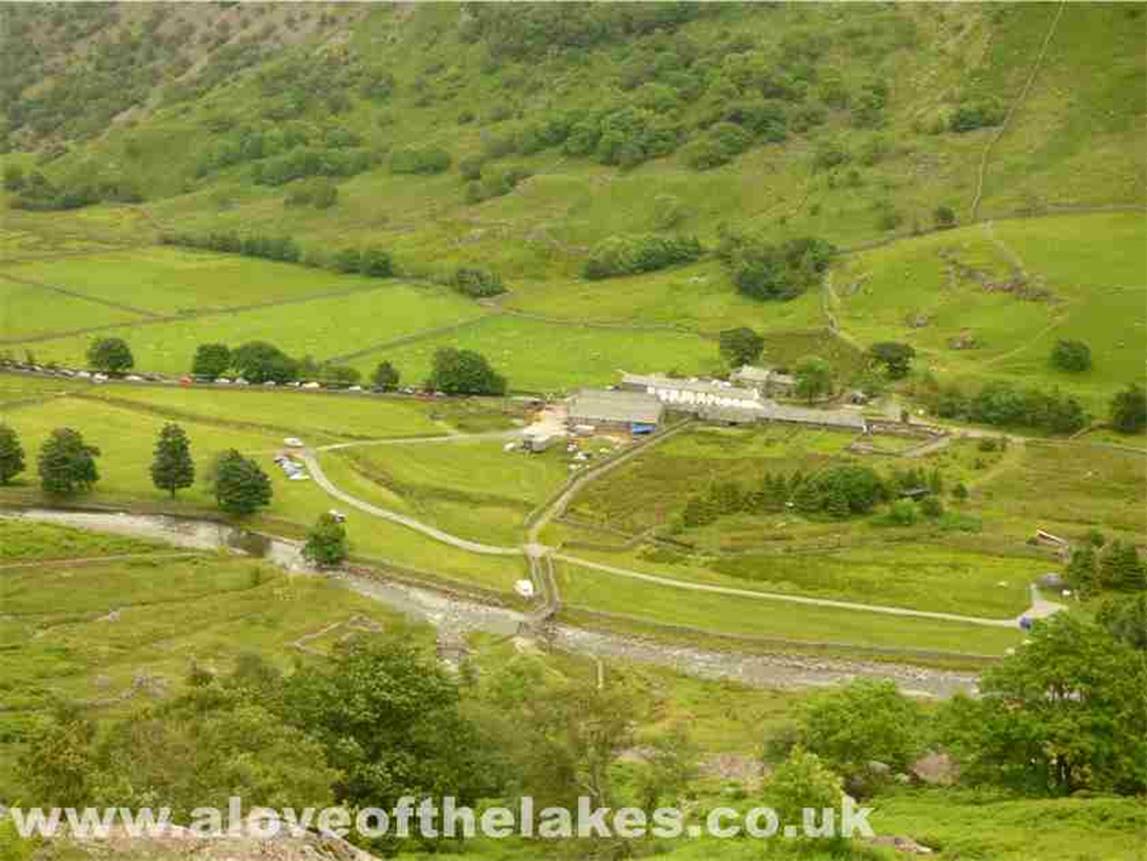 Looking back down to Seathwaite Farm from the path