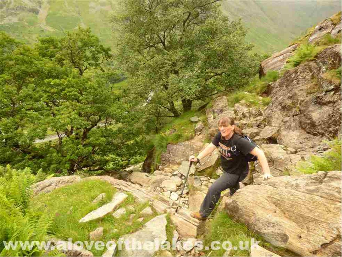 The path leads to Seathwaite slabs which can be a little tricky, requiring a bit of rock handling