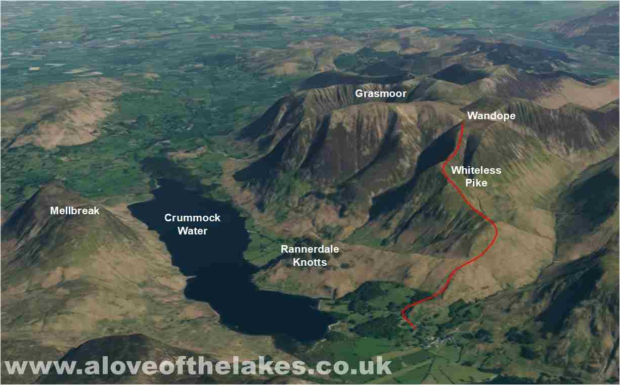 A 3D overview of the route up to Whiteless Pike and Wandope from Buttermere