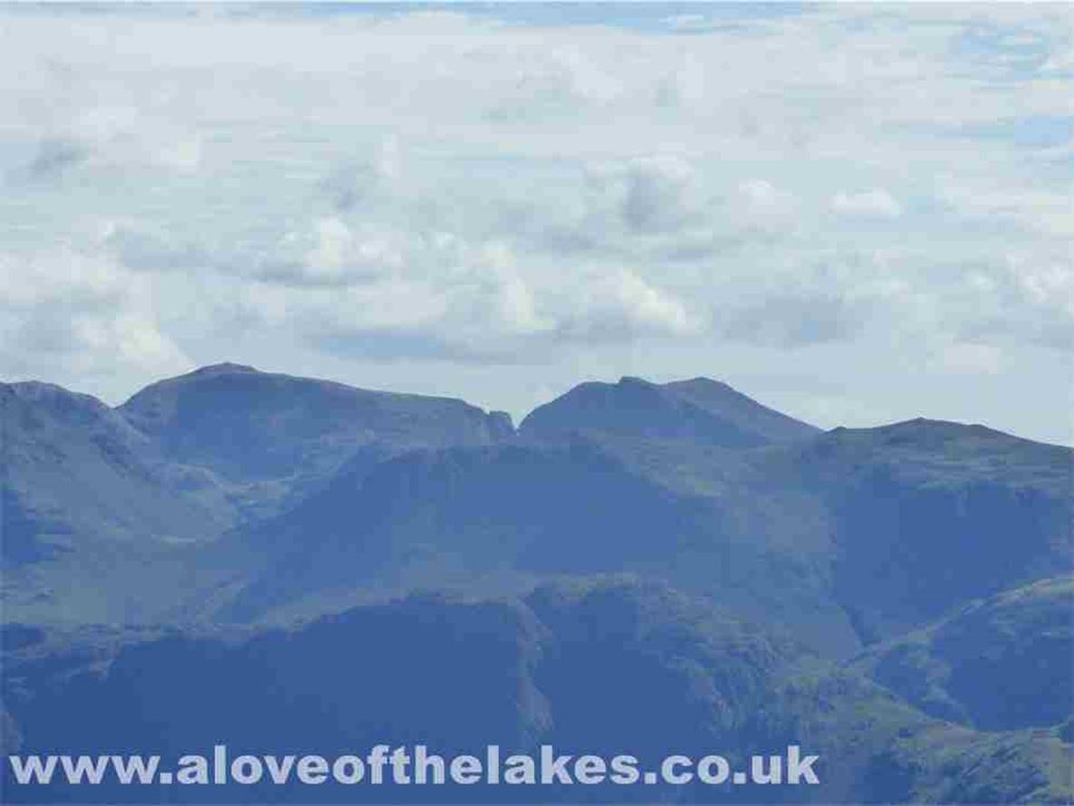 A close up on Scafell Pike on the left (you can just about make out the summit cairn) and to the right Scafell