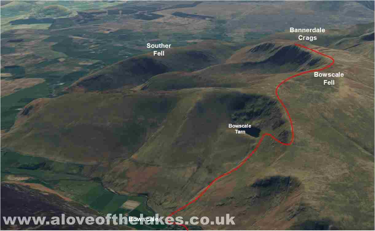 3D view of the walk up to Bowscale Fell and Bannerdale Crags