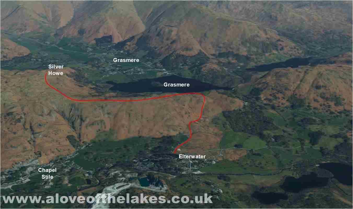 3D view of the route to Silver Howe from Elterwater