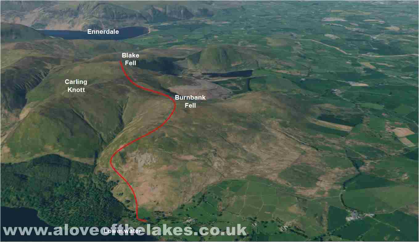 A 3D view of the walk to Burnbank Fell and Blake Fell from Fangs Brow, loweswater