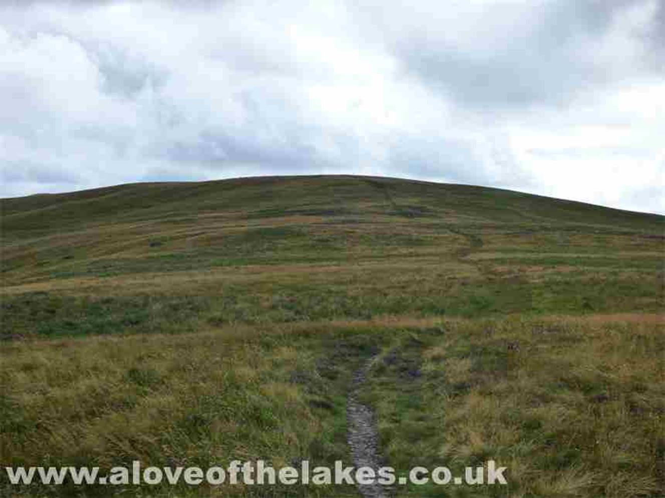 Further up the path and the metal fence post just about visible marks the summit