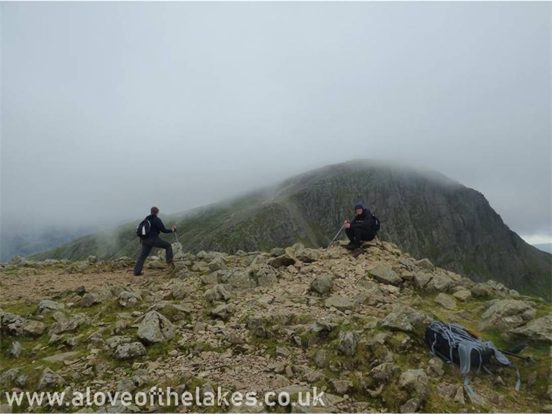Sue and Ste on the summit of Green Gable, and in the back ground what was soon to be the last view we had of
Great Gable before the mist came in. At this point it was difficult to stand up straight
