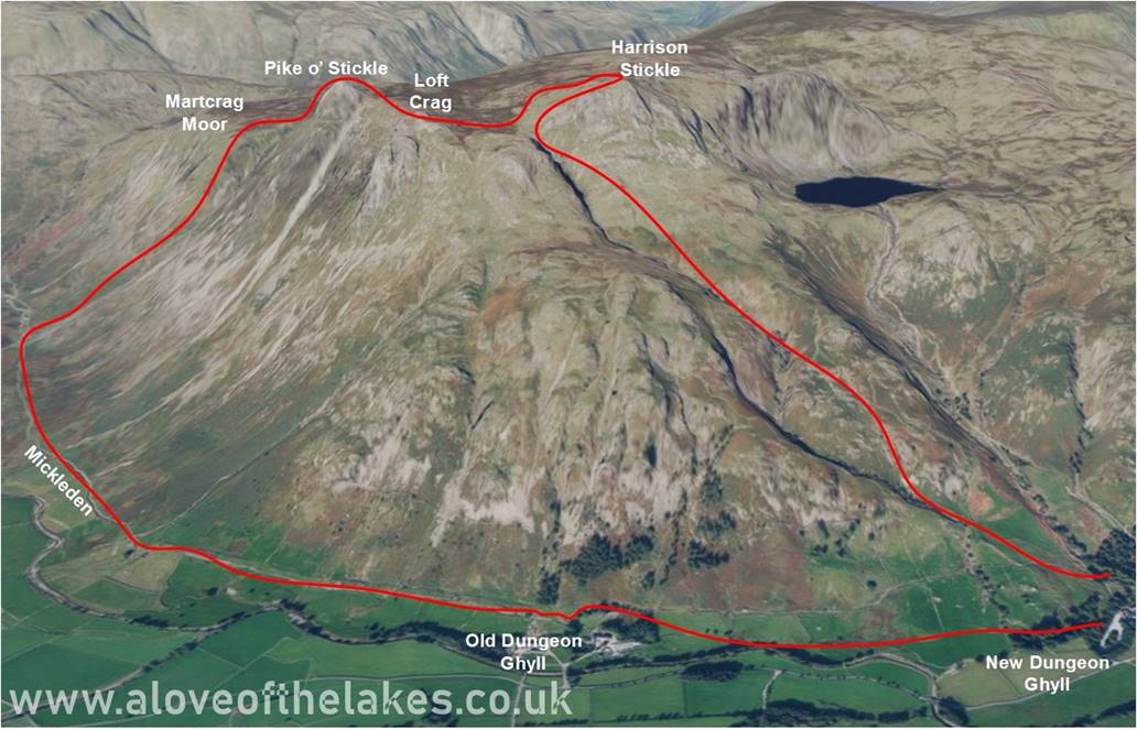 A 3d view of the route taken to walk the Langdale Pikes