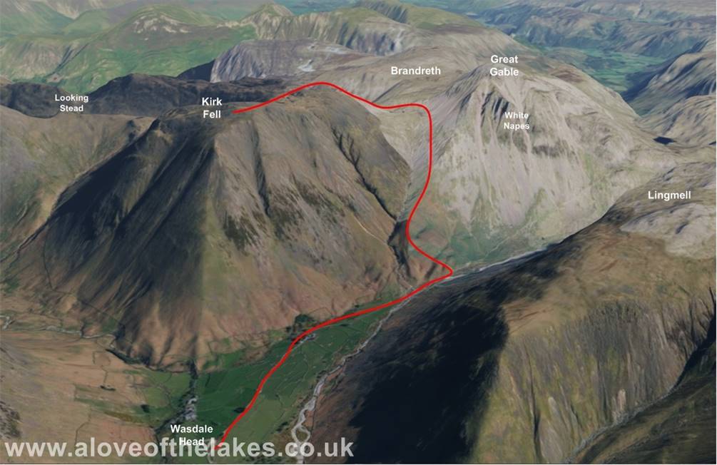 3d view of walk up to Kirk Fell from Wasdale Head