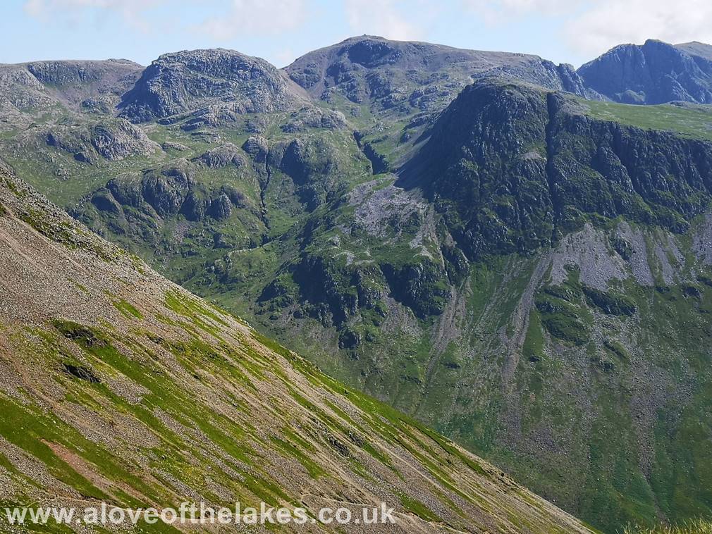 Looking East to Broad Crag, Scafell Pike, Lingmell and Scafell from the grass track