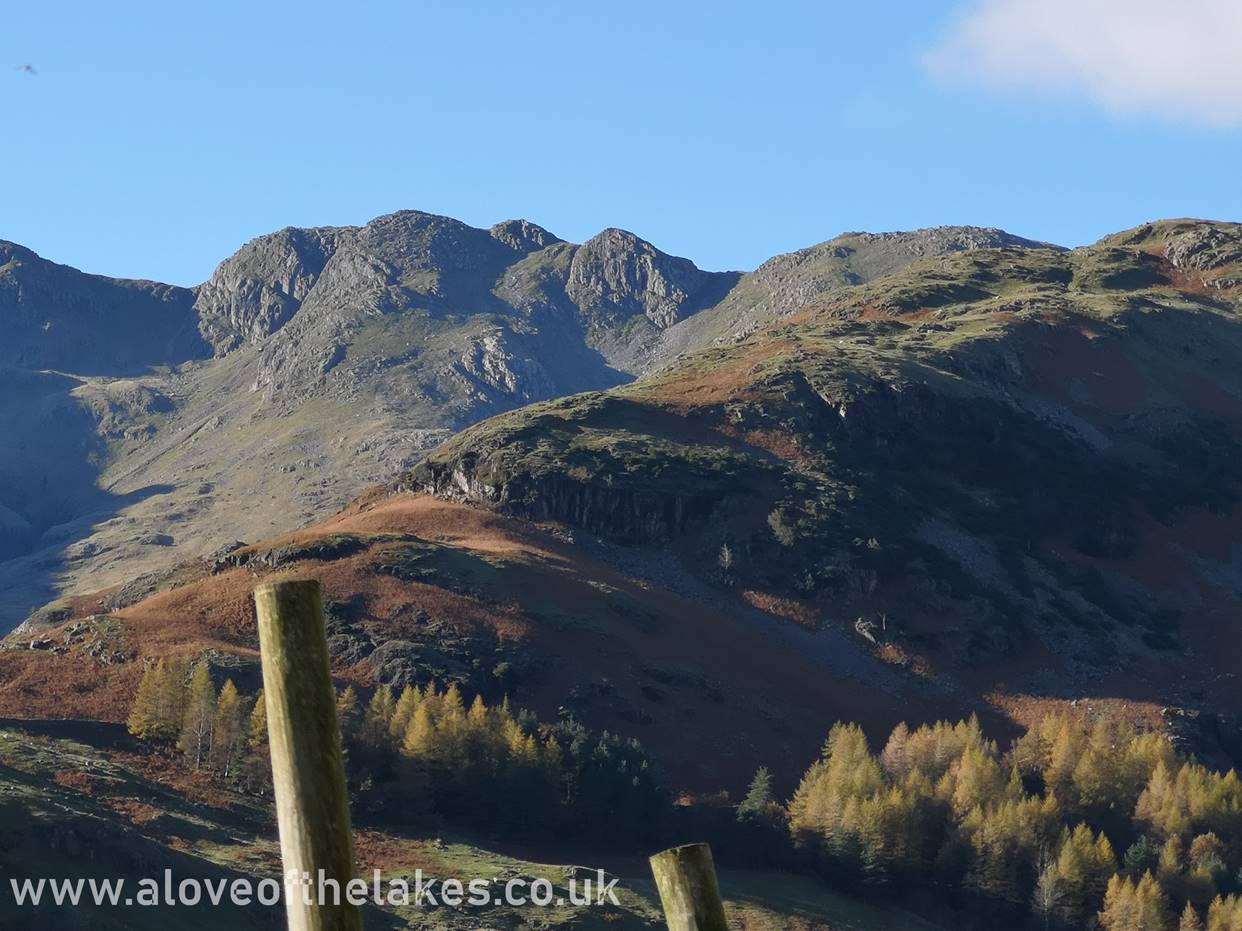 A close up of Crinkle Crags across the Langdale valley