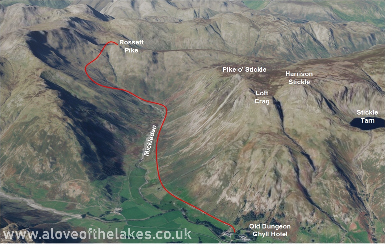 A 3d view of the walk to Rossett Pike from Old Dungeon Ghyll Hotel