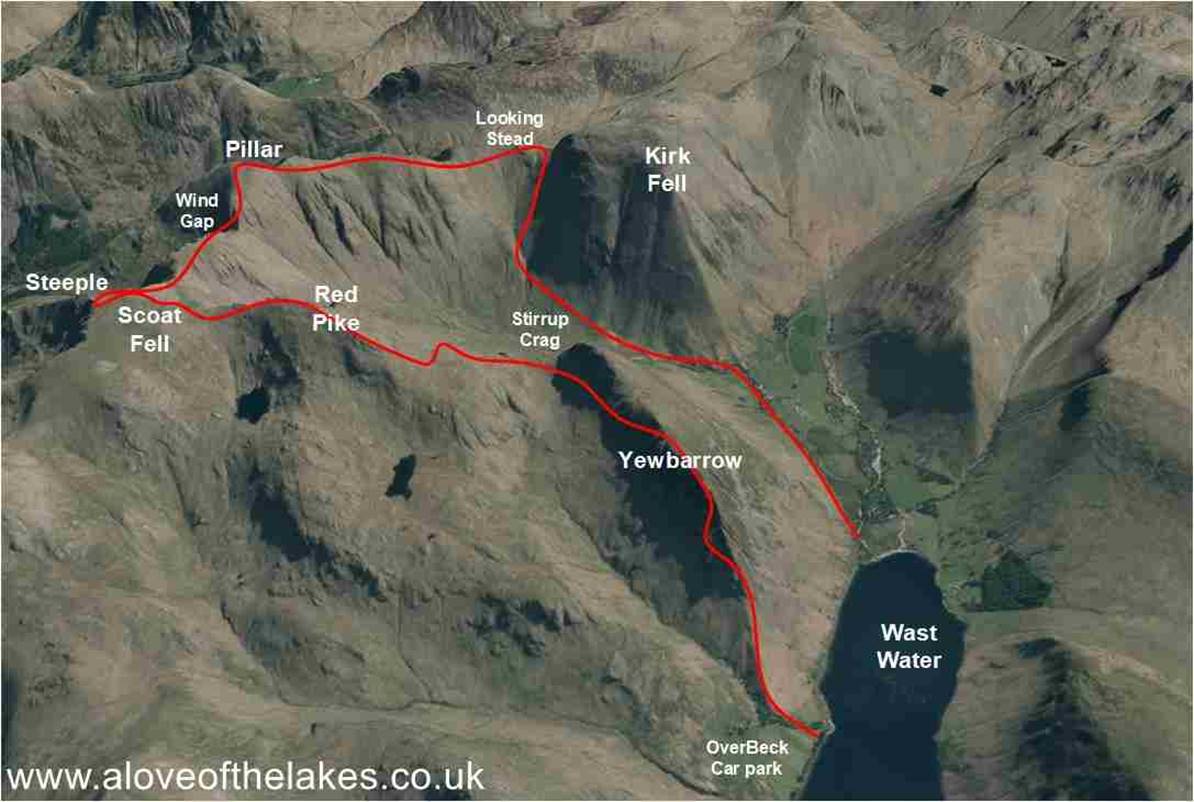 A 3D picture showing the route taken to climb the Mosedale Horseshoe in Wasdale