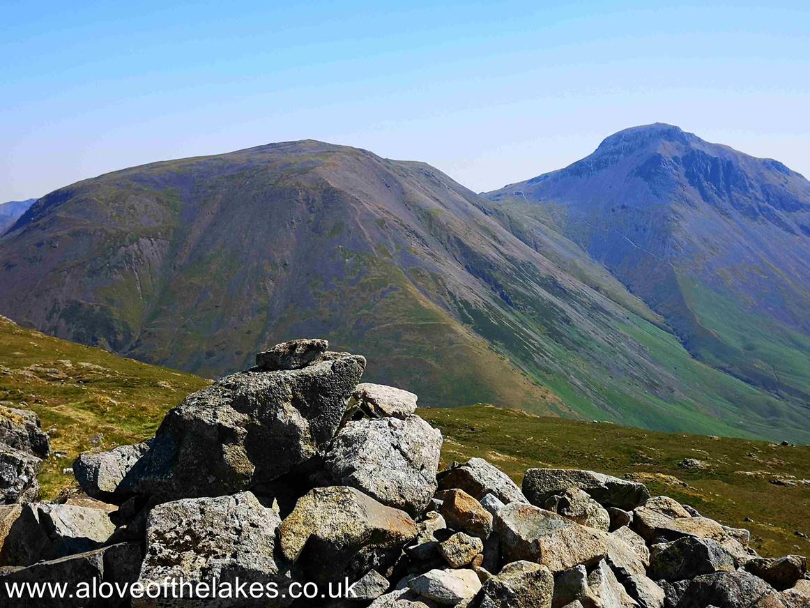 The imposing site of Kirk Fell in the foreground with Great Gable behind from the summit of Yewbarrow