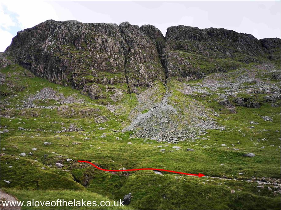 At the uppermost part of the track now and the path indicated is the main track between Styhead Tarn and Esk Hause. We turn right at this juncture to head towards Sprinkling Tarn and Styhead