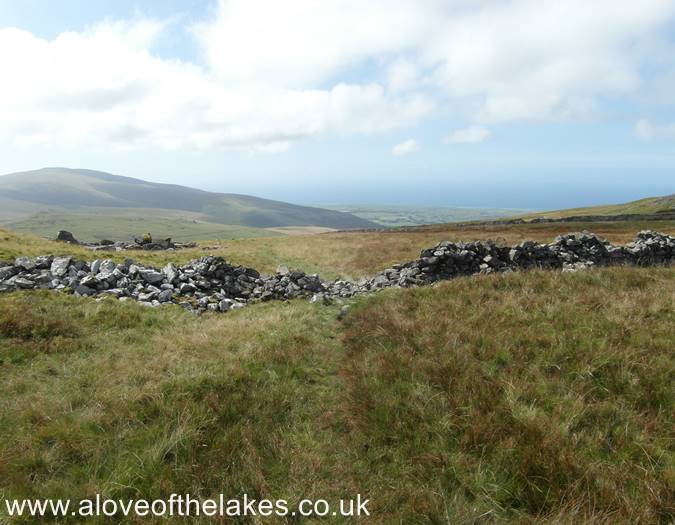 The grass trod crossses through a broken stone wall